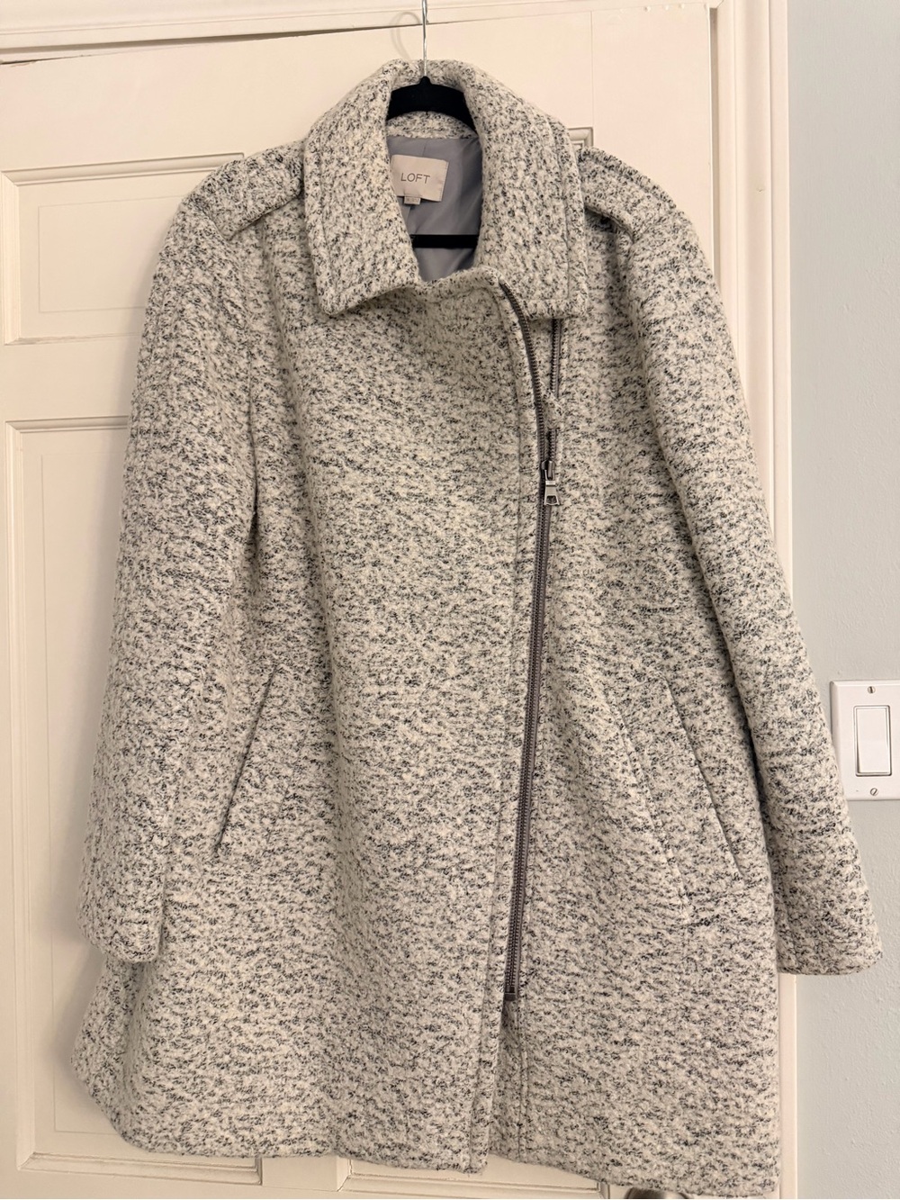 LOFT Ivory Speckled Wool-Blend Asymmetric Zip Pea Coat